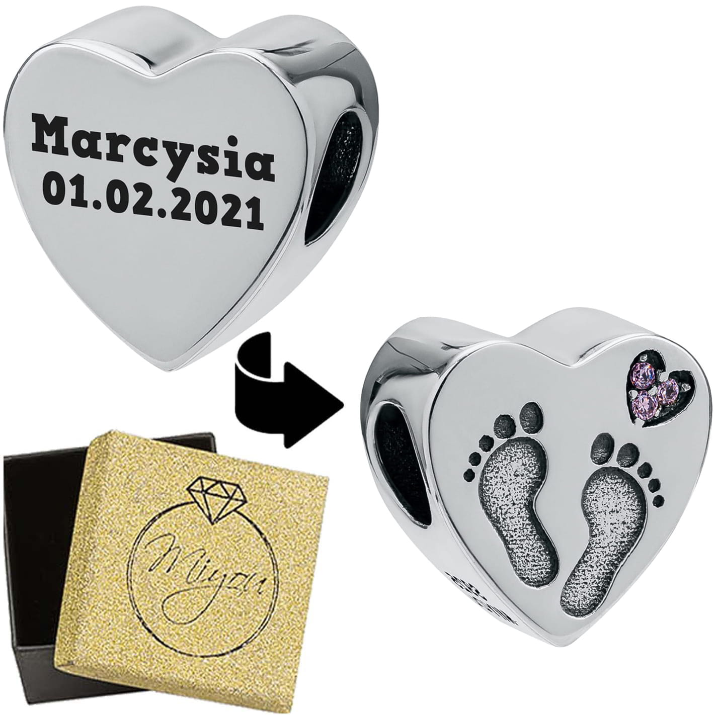 Charms Serce Stópki Srebro 925 + Grawer Laserowy
